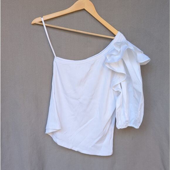 NWT Veronica Beard Diantha One-Shoulder Ruffled Poplin/Rib Knit Top, size L - Picture 2 of 9